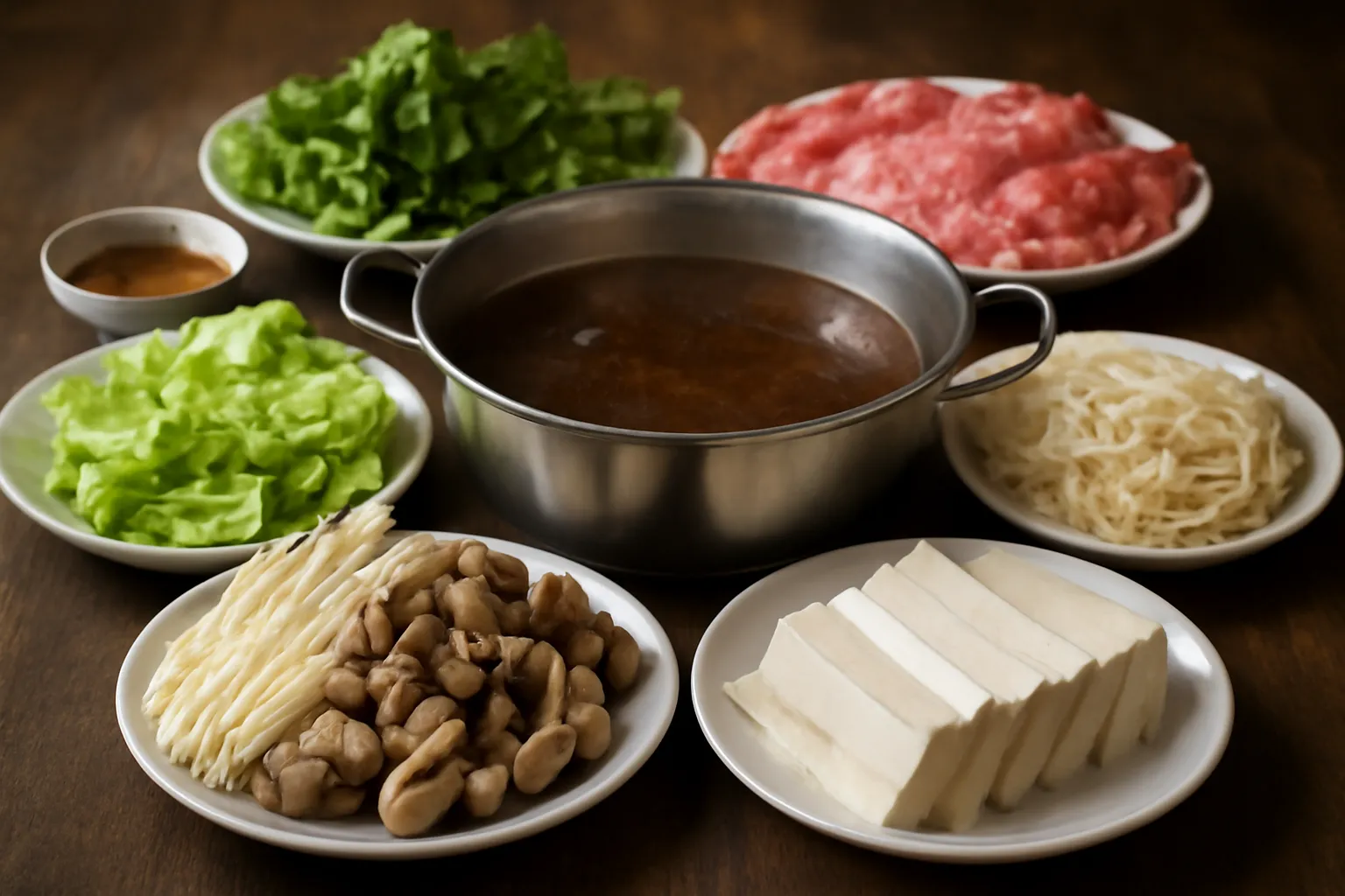 Mấy đĩa đồ nhúng xếp gọn quanh nồi lẩu trên bàn