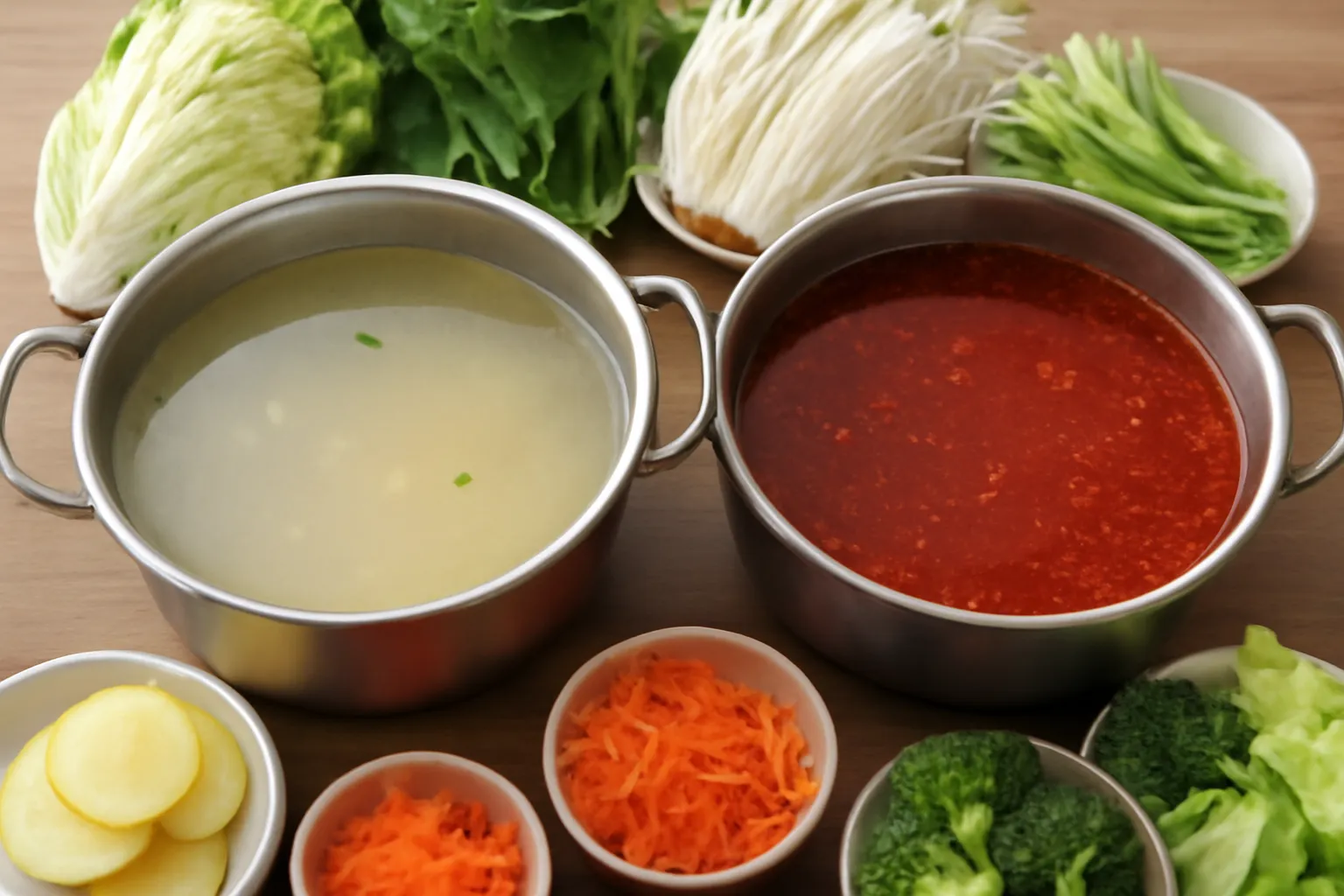 Hai nồi lẩu màu khác nhau đặt cạnh nhau trên bàn