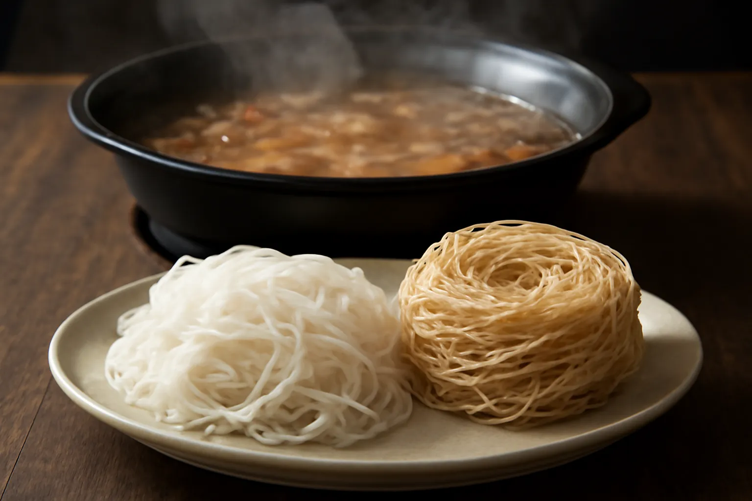 Đĩa bún tươi và vắt mì trứng bày cạnh nồi lẩu
