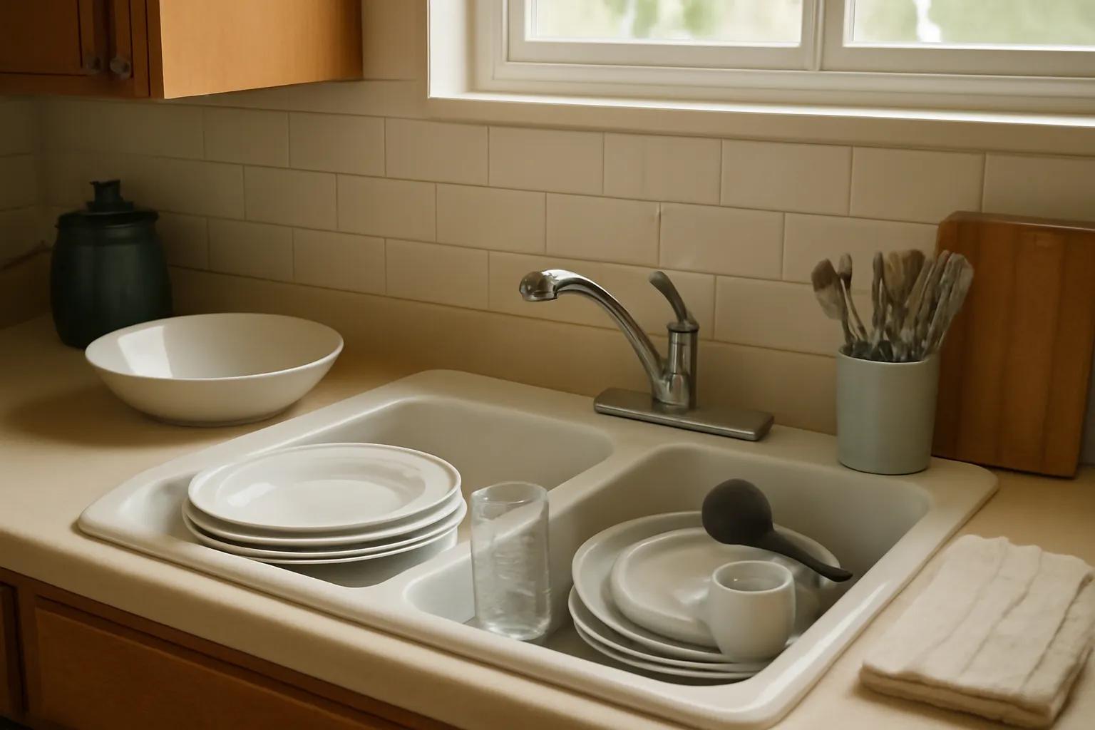 Bồn rửa với bát đĩa xếp gọn chờ rửa sau bữa tiệc