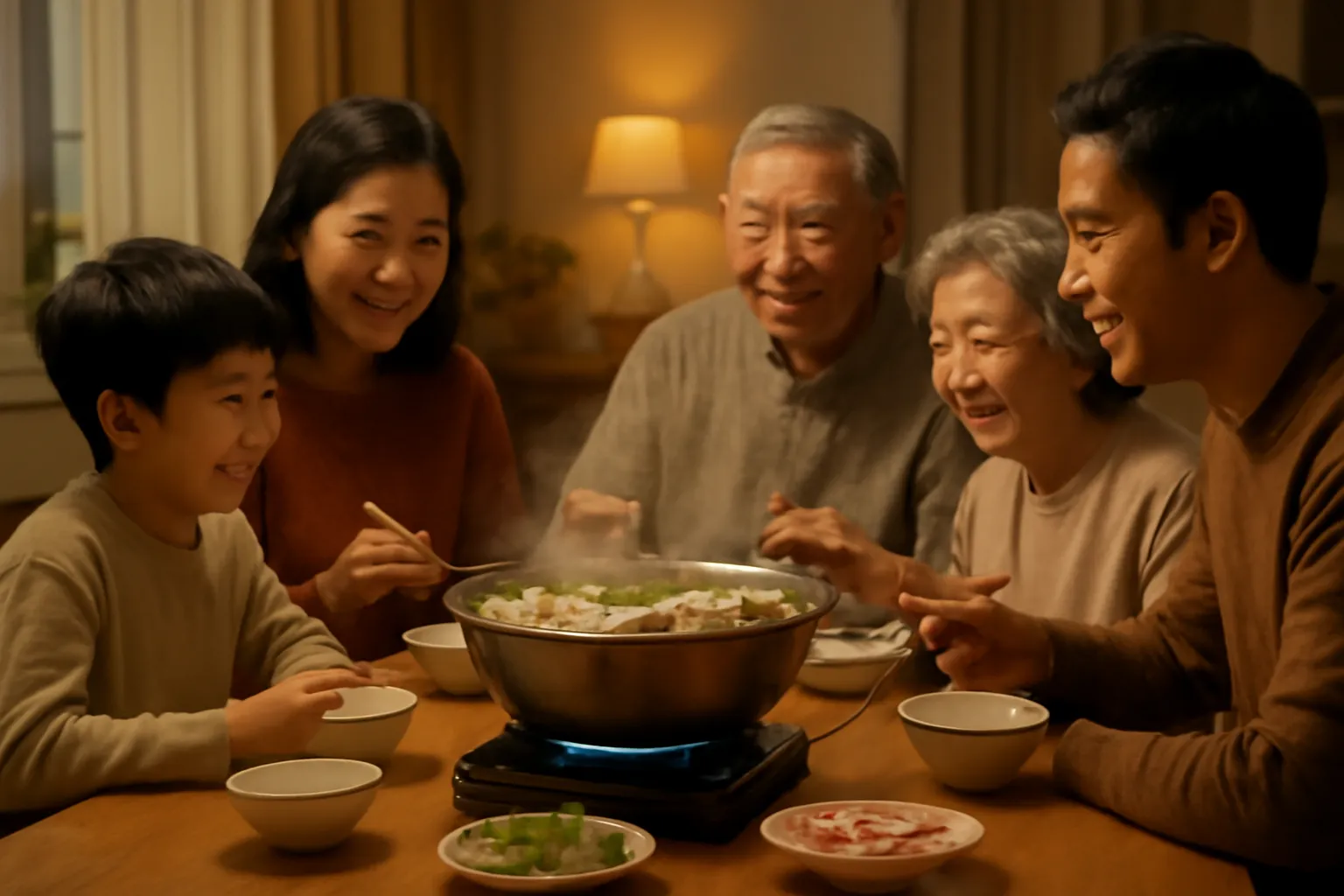 Bàn ăn gia đình nhiều thế hệ quanh nồi lẩu