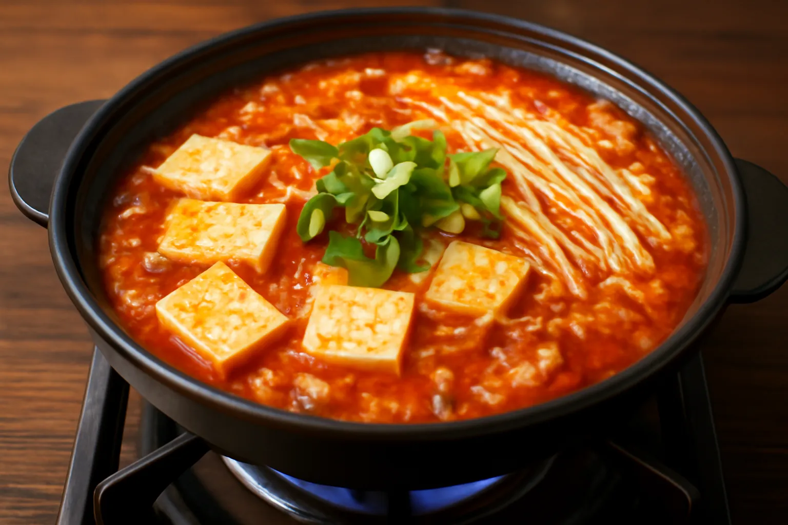 Nồi lẩu kim chi đỏ cam với đậu hũ và nấm