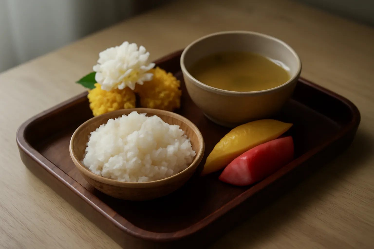 Mâm cúng chay nhỏ với xôi, canh và đĩa rau bày trên bàn thờ