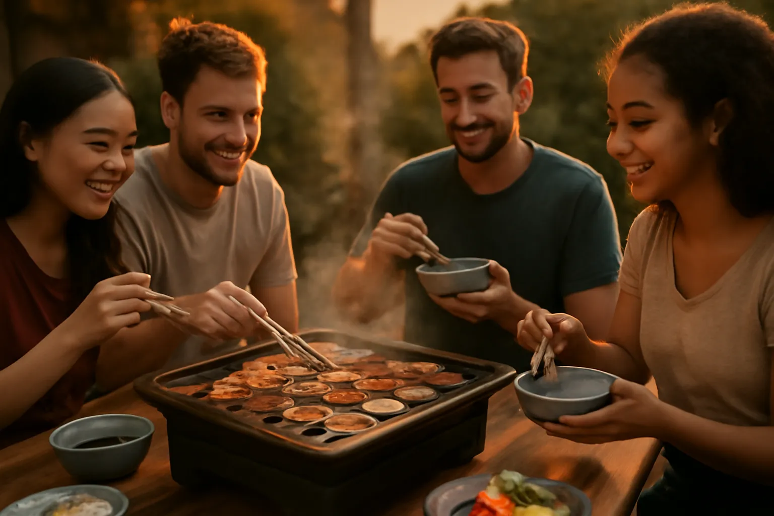 Nhiều người quanh bàn nướng, một người đang lật đồ trên vỉ