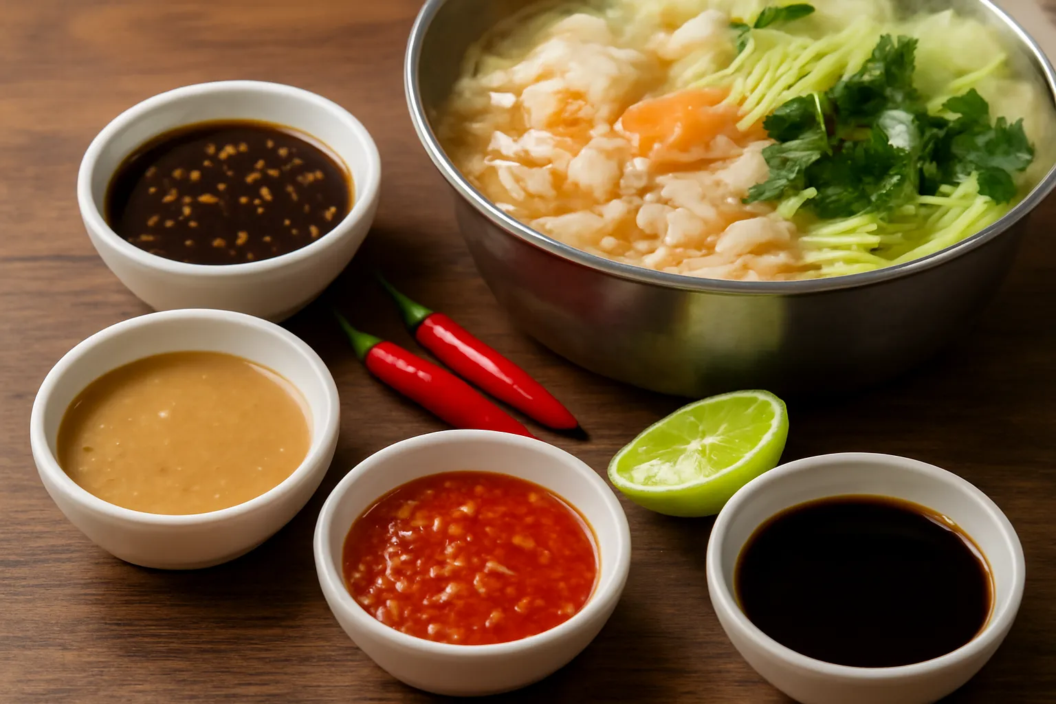 Bốn chén nước chấm khác màu bày quanh nồi lẩu