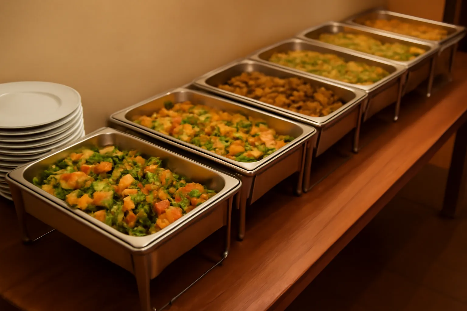 Bàn buffet chay dài với các khay món xếp theo hàng