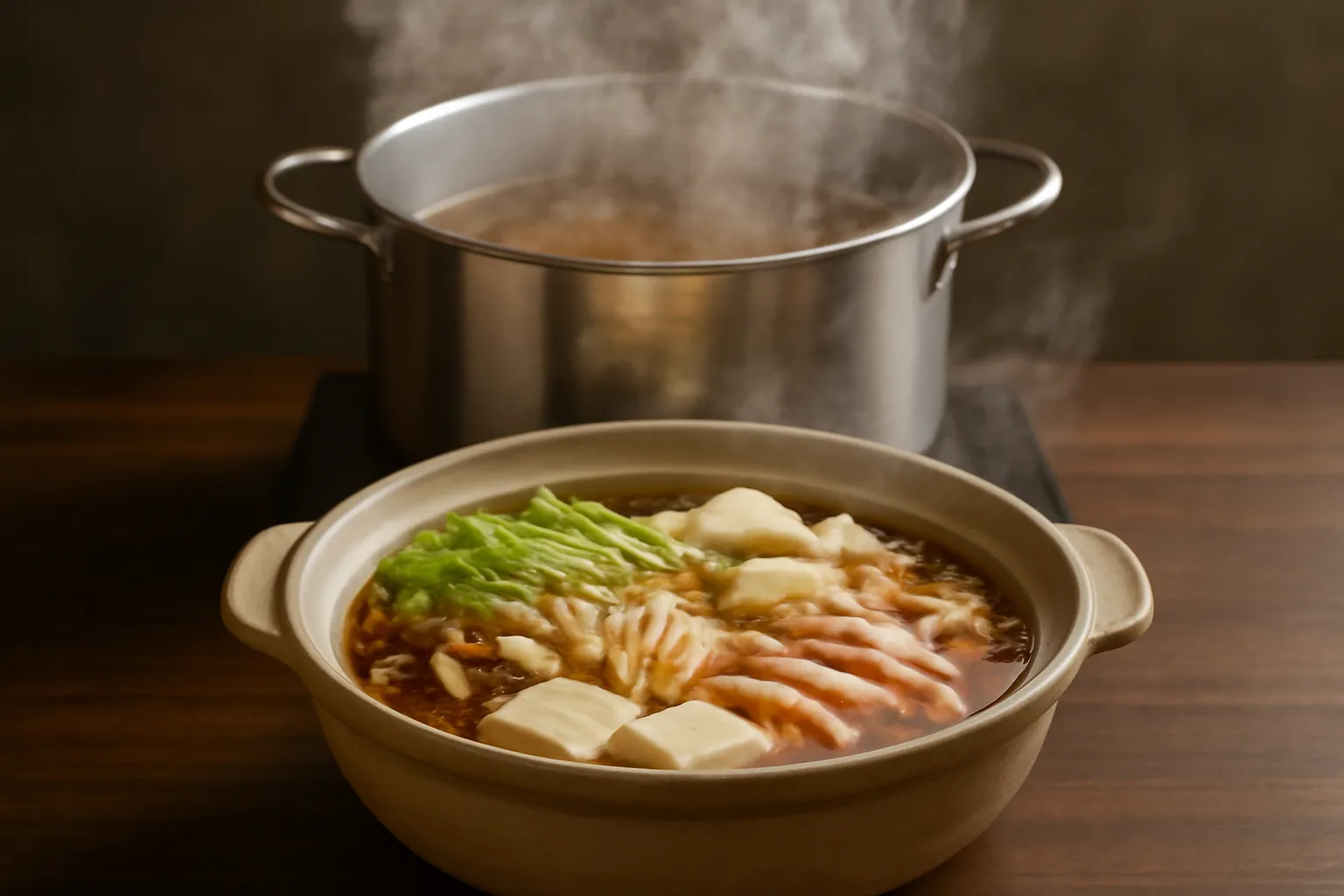 Nồi lớn nước dùng trên bếp và nồi lẩu nhỏ trên bàn