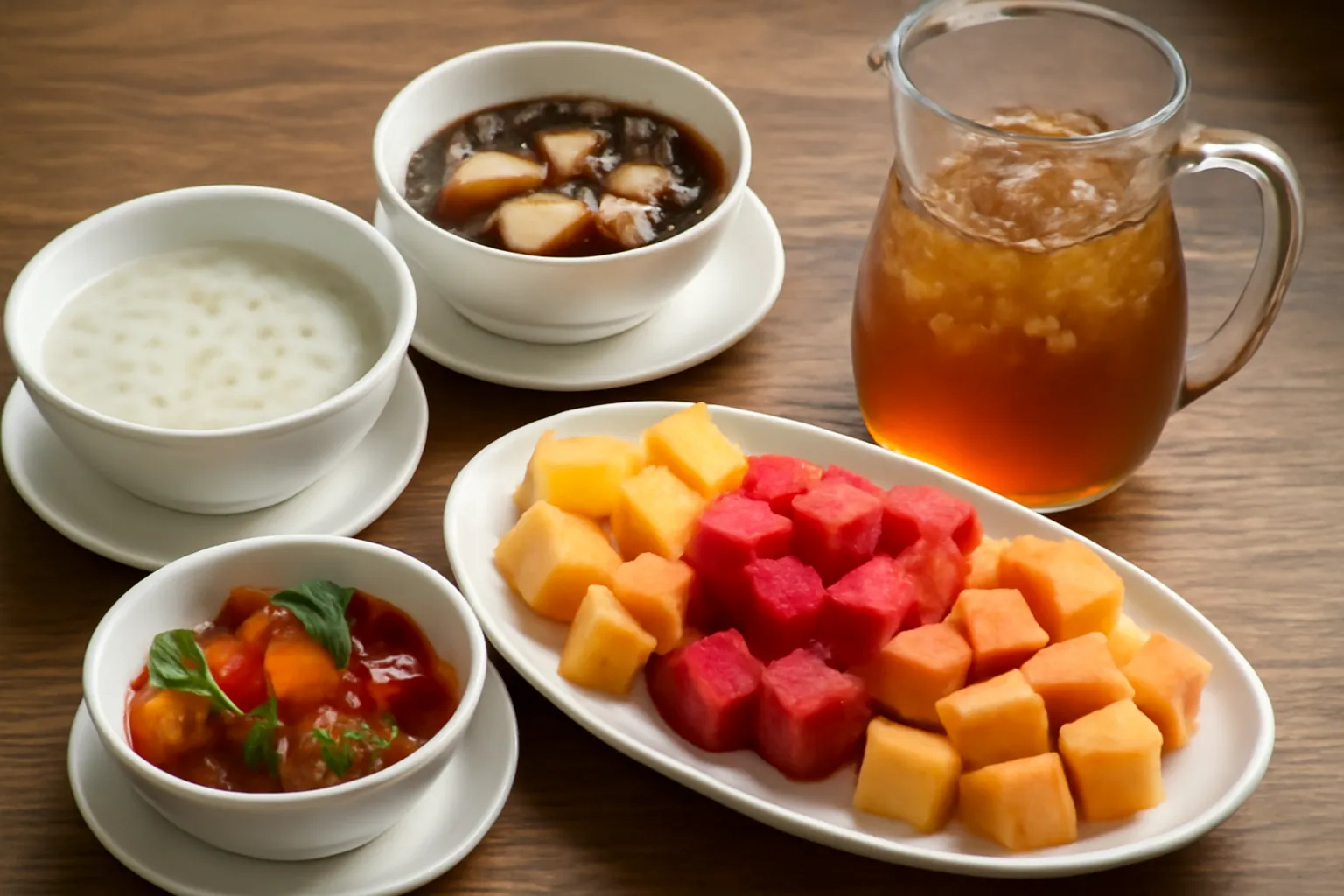 Bàn tráng miệng với chè, thạch và hoa quả cắt sẵn